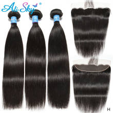 Alisky Straight Hair Lace Frontal With Bundles Human Hair Extensions Brazilian Hair Weave Bundles With Frontal Closure Remy Hair 2024 - buy cheap