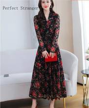 2021 Autumn New Arrival Elegant  M-4XL V Collar Flower Printed Long Sleeve Women Chiffon Long Dress 2024 - buy cheap