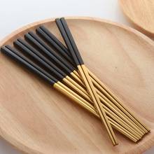 Juego de 5 pares de palillos de acero inoxidable, vajilla china dorada, Metal negro, para Sushi 2024 - compra barato