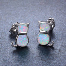 White Blue Opal Animal Earrings Charm Small Cat Stud Earrings For Women Engagement Jewelry Vintage Silver Color Wedding Earrings 2024 - buy cheap