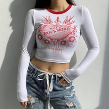 Blusa feminina estampa letras flores pássaros, camiseta feminina manga comprida gola redonda roupas casuais 2024 - compre barato