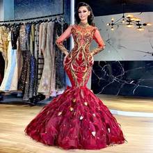 Ostrich Mermaid Prom Dresses Sheer Neckline Full Sleeve Applique Burgundy Formal Party Gowns Abendkleider Evening Dress vestidos 2024 - buy cheap