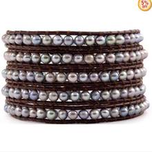 Pulsera de perlas de agua dulce para mujer, brazalete de 5 filas de perlas de color gris y negro en cuero, hecho a mano, regalo de cumpleaños y boda de 32" 2024 - compra barato