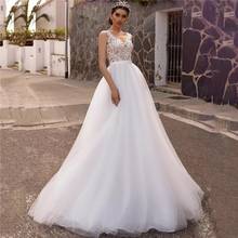 Tulle A-Line Wedding Dresses 2021 V-Neck Lace Appliques Bride Gown With Bow Sashes Button Sweep Train Backless Custom Made 2024 - buy cheap