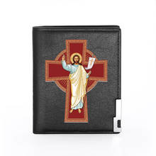 Carteira masculina de couro impressão religiosa clássica, bolsa para cartão de crédito masculina, curta e fina