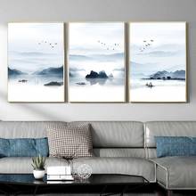 Póster de lienzo con paisaje de lago, barco de montaña, pintura de tinta china, arte de pared, Impresión de paisaje minimalista, imágenes para decoración moderna del hogar 2024 - compra barato