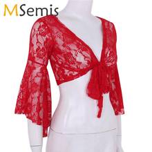 Sexy Women Belly Tops Ballet Dance Shrug Cardigan Long Flare Sleeve Lace Top Cover Up Open Front Pole Dancing Cardigan Wrap 2024 - buy cheap