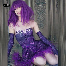 Маленькое детское платье-пачка с фиолетовыми кристаллами и перьями сексуаблестящее модные Фиолетовоельный женский танцевальный балетный костюм для ночного клуба, вечерние платья для выпускного вечера, одежда для сцены 2024 - купить недорого
