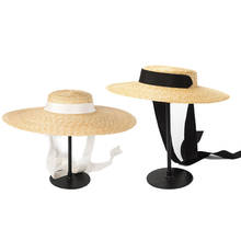 Chapéu de palha de borda larga 15cm chapéu de palha de borda plana mulher kentucky derby chapéu de fita gravata chapéu de sol boné de praia 2024 - compre barato