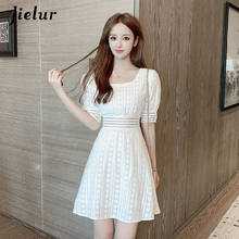 Jielur Summer Dress Short Sleeve Lace High Waist Solid Color Elegant Vestidos White Dresses Loose Floral Slim Chic Women Dress 2024 - buy cheap