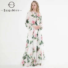 SEQINYY Chiffon Dress 2020 Summer Spring New Fashion Design Women Long Sleeve Pink Flowers Print White Elegant Long Dress 2024 - buy cheap