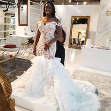 Illusion Long Sleeve African Mermaid Wedding Dresses 2020 Plus Size Lace Ruffles Tiered Court Train Trumpet Bride Wedding Gowns 2024 - buy cheap