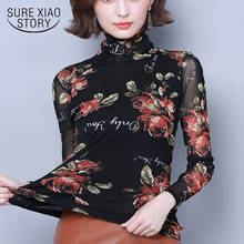 Female Fashion Mesh Floral Print Outerwear Bottom Shirt Women 2022 New Turtleneck Autumn Long Sleeve Casual 7528 50 2024 - buy cheap