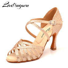Ladingwu Latin Dance Shoes Gold Glitter Rhinestones Champagne Women's Ballroom Dancing Shoes Salsa Soft Shoes High Heel 2024 - buy cheap