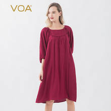 VOA Jacquard Red Square Collar Pleated Ruffle One Shoulder Three-quarter Sleeves Loose Comfortable Breathable Silk Dress A6336 2024 - buy cheap