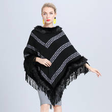 Casaco de capa feminina inverno listrado faux fox pele gola outerwear feminino senhoras de malha preto manto xale streetwear 2024 - compre barato