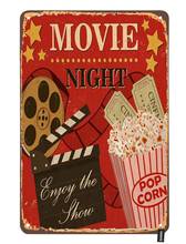 Movie Night Poster Tin Sign Enjoy the Show with Popcorn Red Background Vintage Metal Tin Signs for Men Women Wall Art Decor for 2024 - buy cheap