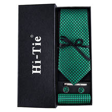 Men Green Ties Silk Plaid Neck Tie Checked Tie Shiny Handky Cufflinks Set Wedding Tie for Suit Hi-Tie 150cm Wholesale C-1608 2024 - buy cheap