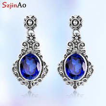 Szjinao Blue Sapphire Gemstone Earrings 925 Sterling Silver Women Drop Earrings Handmade Elegant 2020 New Brand Fashion Jewelry 2024 - buy cheap