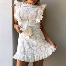 Women’s Elegant Lace Ruffles Dress Sleeveless High Waist Temperament Crochet Floral Dress Bow Waist Belt Short Mini A-Line Dress 2024 - buy cheap