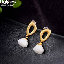 Uglyless-pendientes de Triángulo de Oro hueco para mujer, aretes colgantes de loto de Jade de Hetian Natural, joyería de plata 925 auténtica, gemas 2024 - compra barato