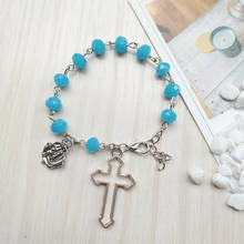 QIGO Blue Crystal Women Cross Rosary Bracelet Religious Jewelry 2024 - buy cheap