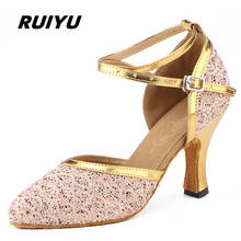 Туфли RUIYU женские для латиноамериканских танцев, высокие кроссовки для бальных танцев, танго, сальсы, кружевные розовые, обувь для женщин 2024 - купить недорого