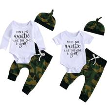 Bebê meninos outono outfits bonito curto/manga longa carta impressão macacão + camo calças chapéu nó superior 3 peças conjunto 2024 - compre barato