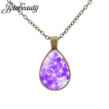 JOINBEAUTY Beautiful Lavender Blooming Flowers Tear Drop Necklace Fashion Purple Flower Glass Cabochon Pendant Jewelry FL161 2024 - buy cheap