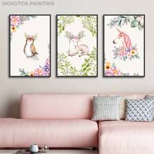 Impressão escandinavo pintura em tela decoração de casa flores rosa cartaz animal bonito unicórnio cervos parede arte imagem para o quarto da menina 2024 - compre barato