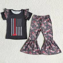Wholesale Baby Girl Fashionable Clothing Kids Children Black Ruffle Short Sleeve usa Shirt Fire Truck Red Bells Pants Outfit Set 2024 - buy cheap