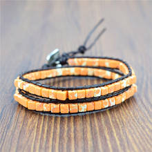 Bohemian Bracelet 4mm Square Shape Natural Stone Single Leather Rope 2 Wrap Bracelet Women Beaded Couples Bracelet 2024 - buy cheap