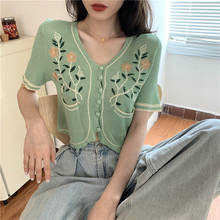 Women Embroidery Shirts V-Neck Knitted Casual Summer Blouse Thin Short Sleeve Cardigans Flowers Crop Tops 2024 - buy cheap