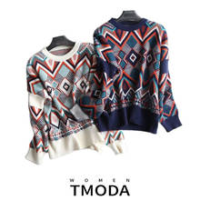 TMODA297 2022 Ethnic Contrast color Geometric knitted Sweater Vintage Autumn Women O neck Short Pullover Knitwear Jumper Tops 2024 - buy cheap