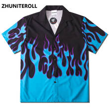 Camisa havaiana de chama de fogo azul, camiseta de praia masculina com botão hip hop, moda de verão de manga curta e festa de feriado, 2021 2024 - compre barato