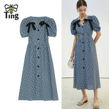 Tingfly Vintage Elegant Summer Women Puff Sleeve Bowknot Single Breasted Casual Dress France Chic Retro Midi Long Dress Elbise 2024 - buy cheap