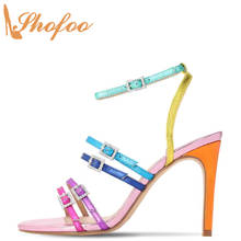 Разноцветные женские босоножки на высоком каблуке-шпильке; Новые женские летние модные туфли с узкими ремешками и пряжкой со стразами; Большие размеры 15-16; Shofoo 2024 - купить недорого