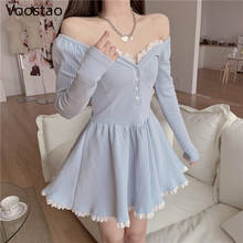 Vestido corto femenino ajustado de encaje con manga larga, minivestido Sexy con escote en V, estilo Kawaii, para primavera