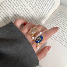 Anel de pedra oval vintage srcom símbolo geométrico esculpido anel de dedo com pérolas acessórios de joia de temperamento para mulheres 2024 - compre barato
