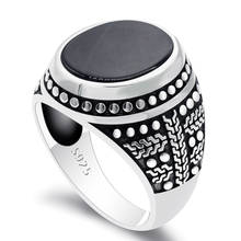 925 prata esterlina anel masculino com plana natural preto ágata anel shofar empilhados onyx pedra masculino turco casamento banda jóias 2024 - compre barato