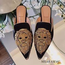 Pointed Toe Silk Fabric Mules Fashion Leather Ladies Slippers Spring and Autumn Outerwear Flats 2024 - buy cheap