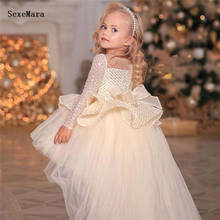 Vestido de festa infantil feminino, vestido inchado de malha com glitter e laço, de princesa, novo aniversário 2024 - compre barato