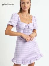 yinlinhe Purple Plaid Dress Women Short Sleeve Drawstring Slim Summer Dress Elastic Waist French Style Ruffles Dresses 2021 1978 2024 - buy cheap