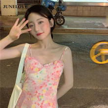 JuneLove Summer Kawaii Floral Print Dress Women Elegant Sweet Sexy Style Party Strap Dress High Street Korean Beach Dress New 2024 - buy cheap