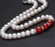 Fashion jewelry Free Shipping  Genuine Natural 6-7MM WHITE CULTURED ROUNDEL PEARL & red jade necklace 18 "AAA 2024 - buy cheap