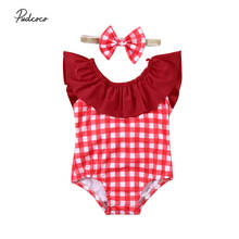 Bañador de verano para niños pequeños, traje de baño con lazo, Bikini a cuadros rojos con volantes, diadema, 2020 2024 - compra barato