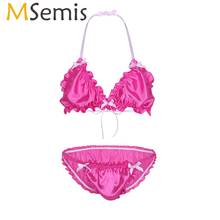 MSemis Sissy Men Cute Lingerie Exotic Apparel Ruffled Frilly Lingerie Sexy Set Strappy Halter Bikini Bra Top Brief Underwear 2024 - buy cheap