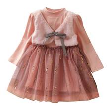 Vestido de princesa infantil, vestido de manga longa, para outono e primavera, roupas falsas de 2 peças, vestido de malha para crianças, patchwork 2024 - compre barato