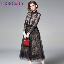 TESSCARA-Vestido camisero de encaje para mujer, traje elegante de alta calidad para oficina, fiesta, de diseñador, malla negra, primavera y otoño 2024 - compra barato