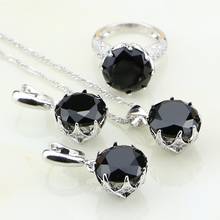 Conjunto de joyería de boda para mujer, conjunto de pendientes, colgante, collar, anillo de Plata de Ley 925, Circonia cúbica negra, circonita blanca, regalo 2024 - compra barato